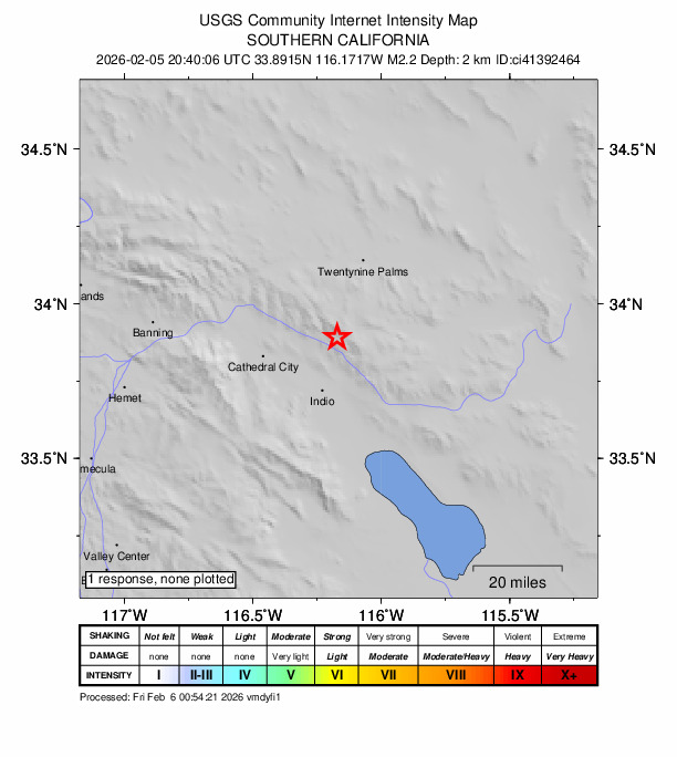 USGS DYFI community-reported intensity map for the M2.2 earthquake near 19 km NNE of Indio, CA