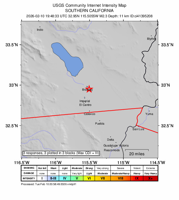 USGS DYFI community-reported intensity map for the M2.3 earthquake near 4 km SE of Brawley, CA