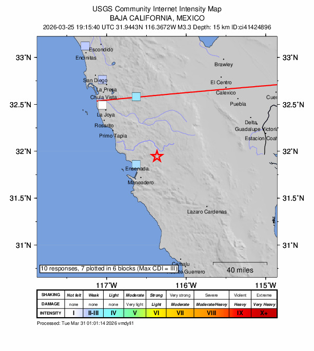 USGS DYFI community-reported intensity map for the M3.3 earthquake near 25 km ENE of Ensenada, B.C., MX