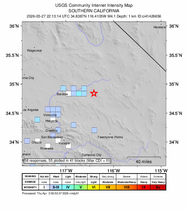 USGS DYFI community-reported intensity map for the M4.1 earthquake near 26 km WNW of Ludlow, CA