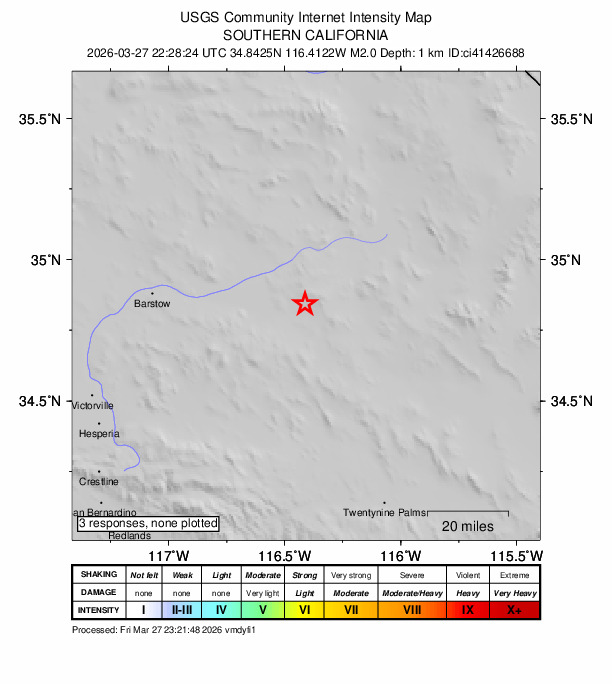 USGS DYFI community-reported intensity map for the M2.0 earthquake near 27 km WNW of Ludlow, CA