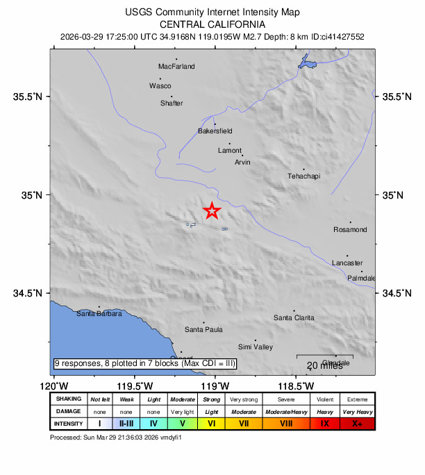 USGS DYFI community-reported intensity map for the M2.7 earthquake near 9 km WSW of Grapevine, CA