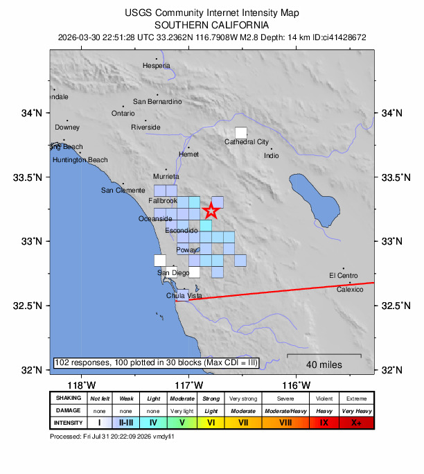 USGS DYFI community-reported intensity map for the M2.8 earthquake near 3 km WSW of Lake Henshaw, CA