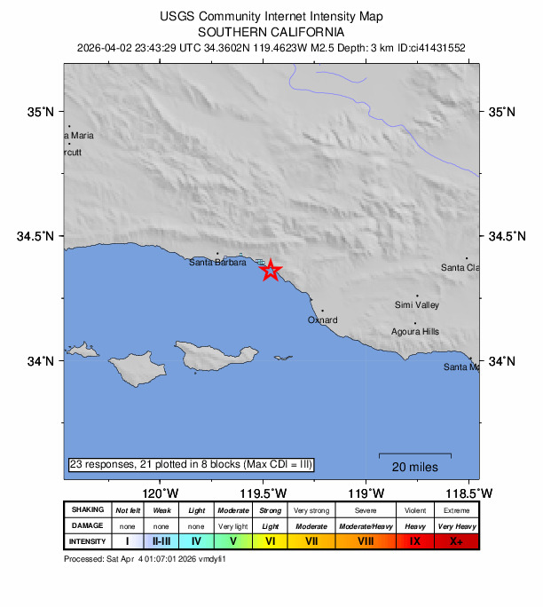 USGS DYFI community-reported intensity map for the M2.5 earthquake near 7 km SE of Carpinteria, CA