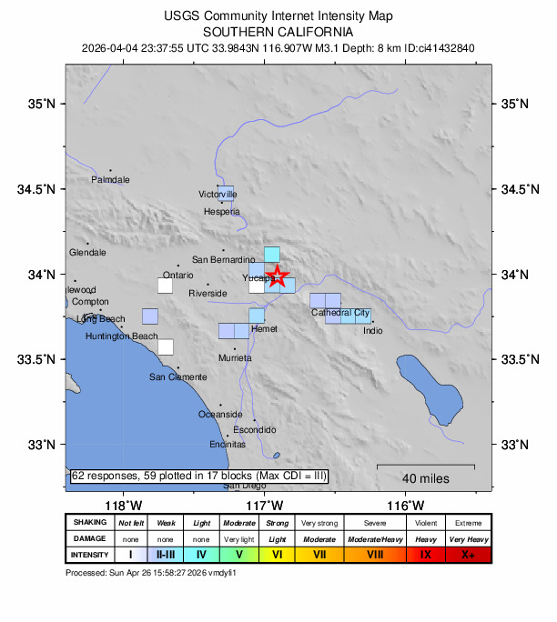 USGS DYFI community-reported intensity map for the M3.1 earthquake near 7 km NNW of Banning, CA