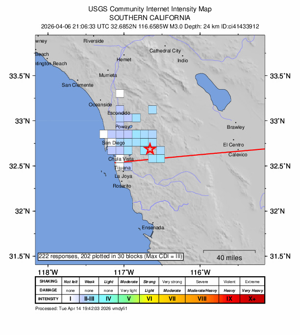 USGS DYFI community-reported intensity map for the M3.0 earthquake near 13 km N of Tecate, B.C., MX