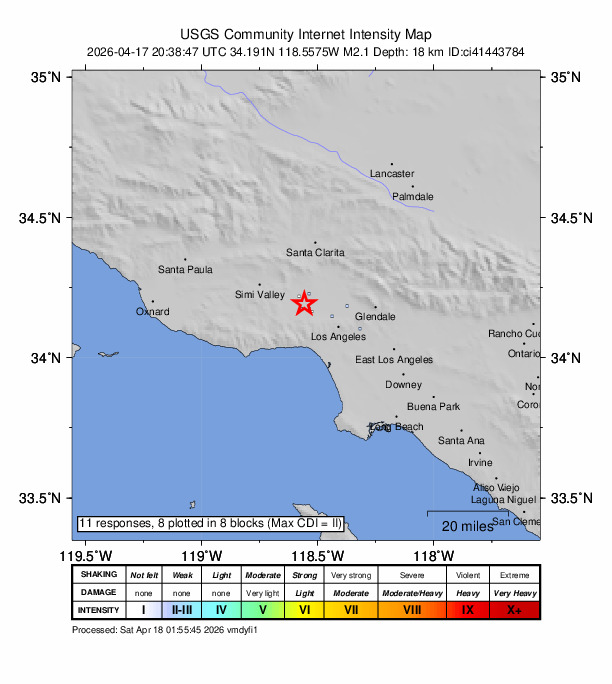 USGS DYFI community-reported intensity map for the M2.1 earthquake near 2 km NNW of Tarzana, CA