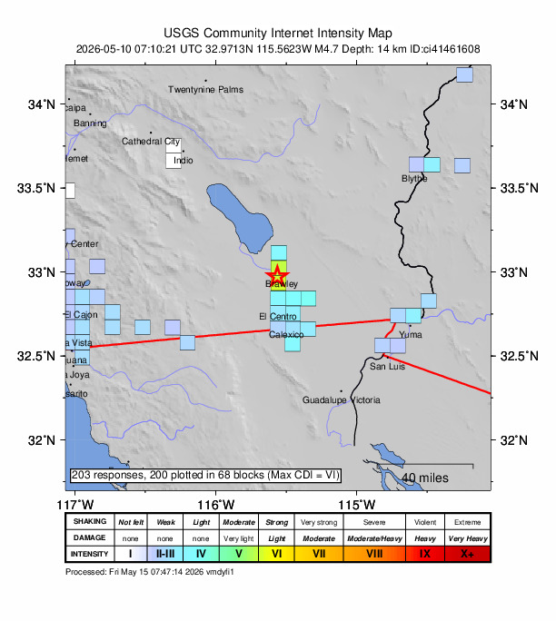USGS DYFI community-reported intensity map for the M4.7 earthquake near 3 km WSW of Brawley, CA