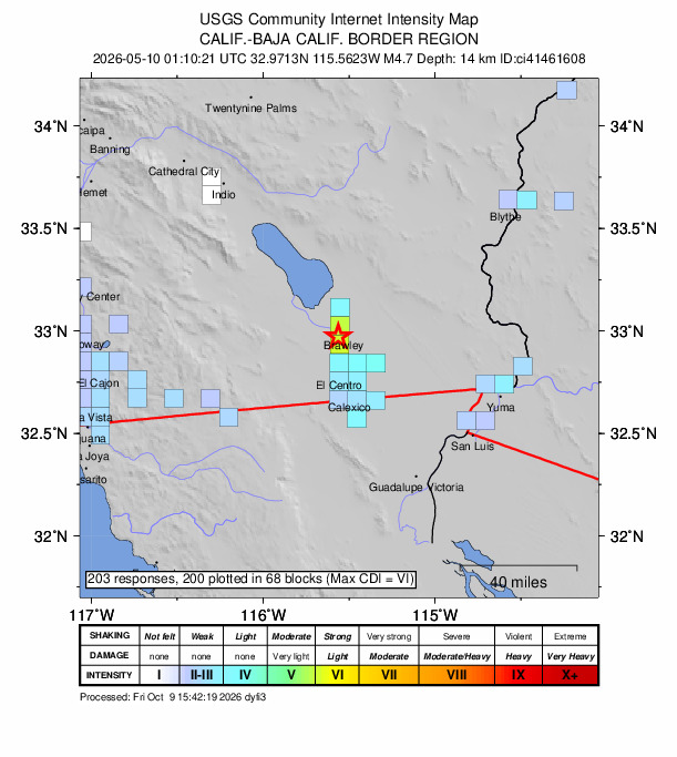 USGS DYFI community-reported intensity map for the M4.7 earthquake near 3 km WSW of Brawley, CA