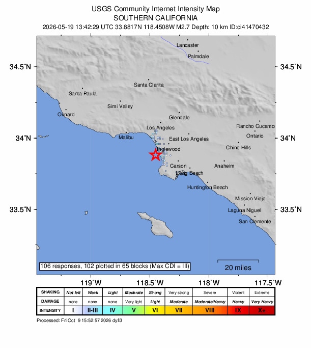 USGS DYFI community-reported intensity map for the M2.7 earthquake near 4 km W of Manhattan Beach, CA