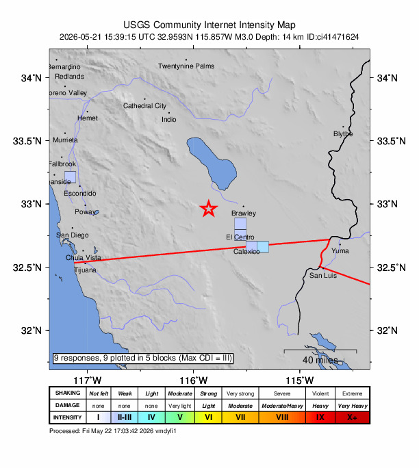 USGS DYFI community-reported intensity map for the M3.0 earthquake near 24 km WSW of Westmorland, CA