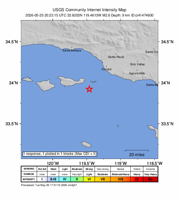 USGS DYFI community-reported intensity map for the M2.6 earthquake near 13 km SSE of Santa Cruz Is. (E end), CA