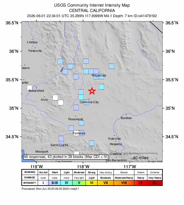 USGS DYFI community-reported intensity map for the M4.1 earthquake near 18 km WSW of Johannesburg, CA