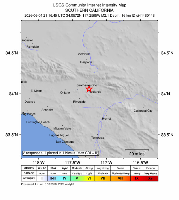 USGS DYFI community-reported intensity map for the M2.1 earthquake near 1 km NNE of Loma Linda, CA