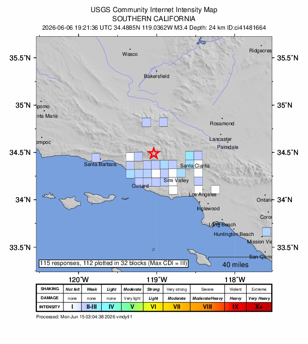 USGS DYFI community-reported intensity map for the M3.4 earthquake near 15 km NW of Fillmore, CA