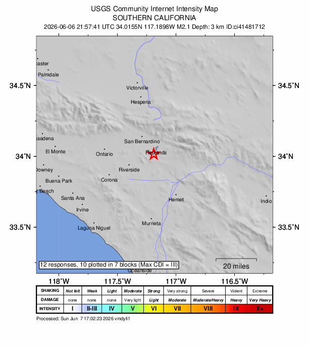 USGS DYFI community-reported intensity map for the M2.1 earthquake near 5 km S of Redlands, CA