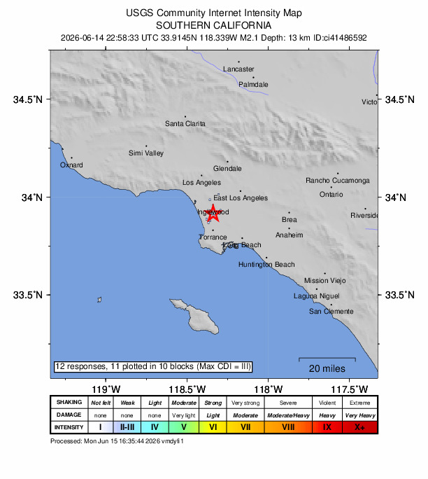 USGS DYFI community-reported intensity map for the M2.1 earthquake near 1 km E of Hawthorne, CA