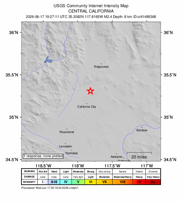 USGS DYFI community-reported intensity map for the M2.4 earthquake near 18 km WSW of Johannesburg, CA