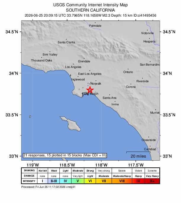 USGS DYFI community-reported intensity map for the M2.3 earthquake near 1 km SSE of Signal Hill, CA