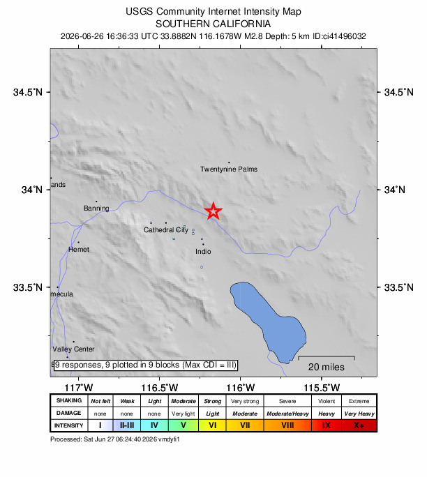 USGS DYFI community-reported intensity map for the M2.8 earthquake near 19 km NNE of Indio, CA