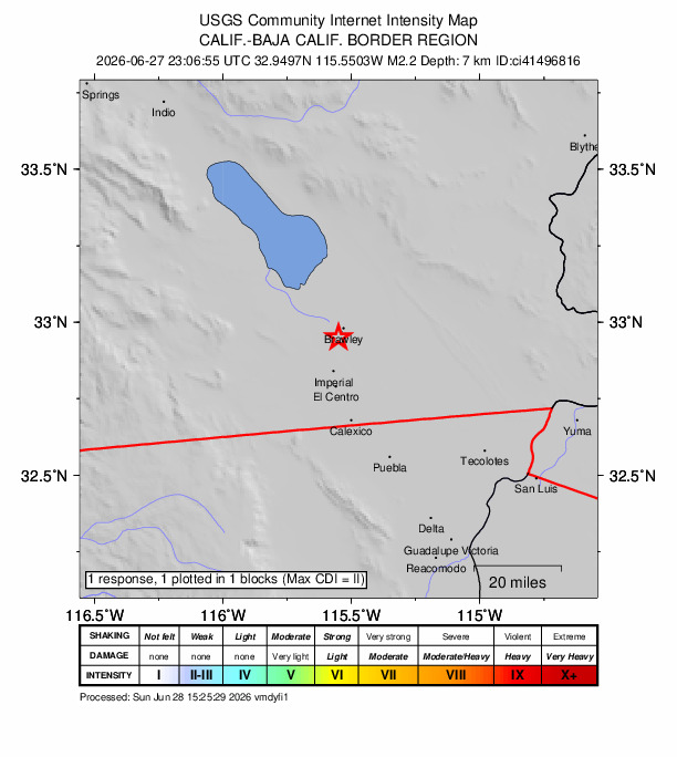 USGS DYFI community-reported intensity map for the M2.3 earthquake near 4 km SSW of Brawley, CA