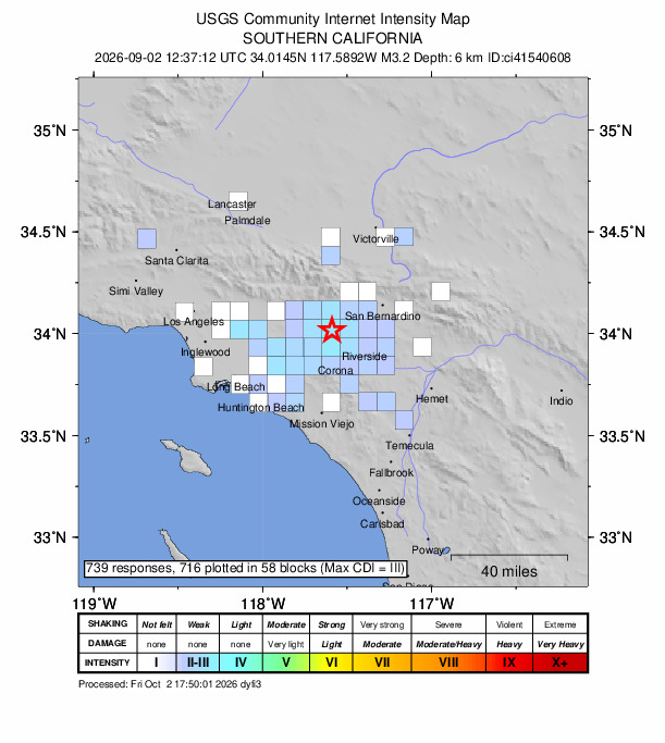 USGS DYFI community-reported intensity map for the M3.2 earthquake near 6 km SE of Ontario, CA