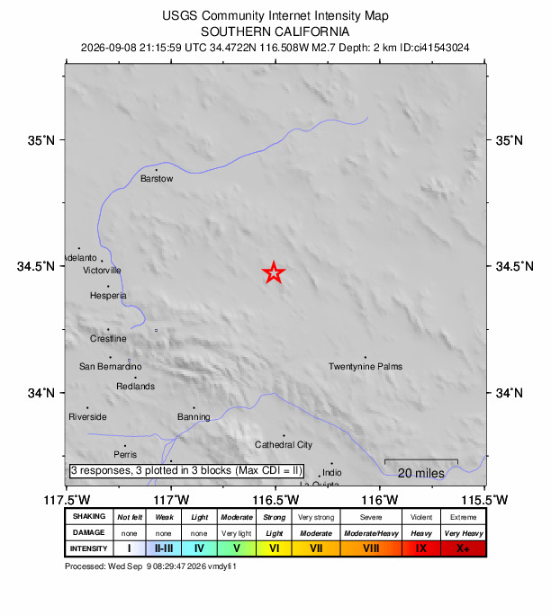 USGS DYFI community-reported intensity map for the M2.7 earthquake near 39 km NE of Big Bear City, CA