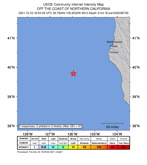 USGS DYFI community-reported intensity map for the M2.9 earthquake near 7km WSW of Petrolia, CA