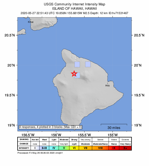 USGS DYFI community-reported intensity map for the M2.5 earthquake near 14 km SE of Waikoloa, Hawaii