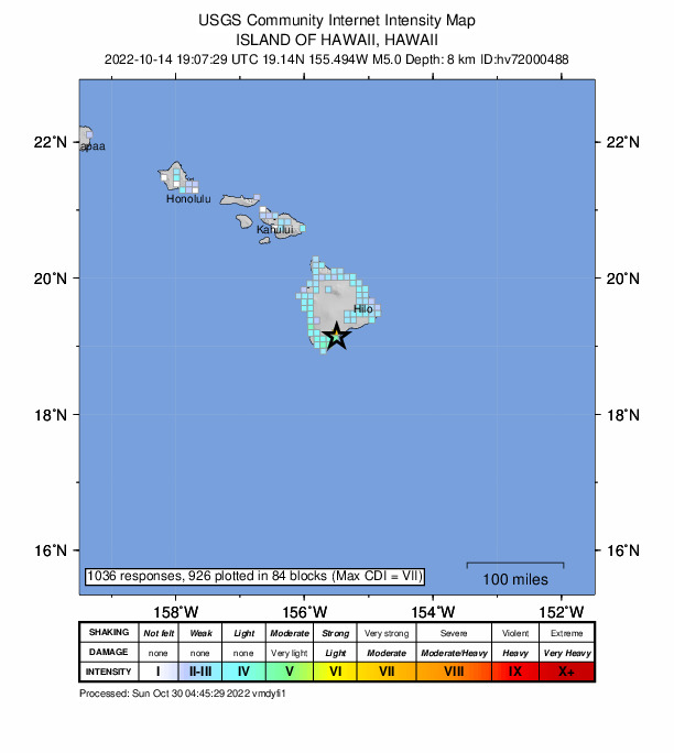 USGS DYFI community-reported intensity map for the M5.0 earthquake near 7 km SSW of P?hala, Hawaii