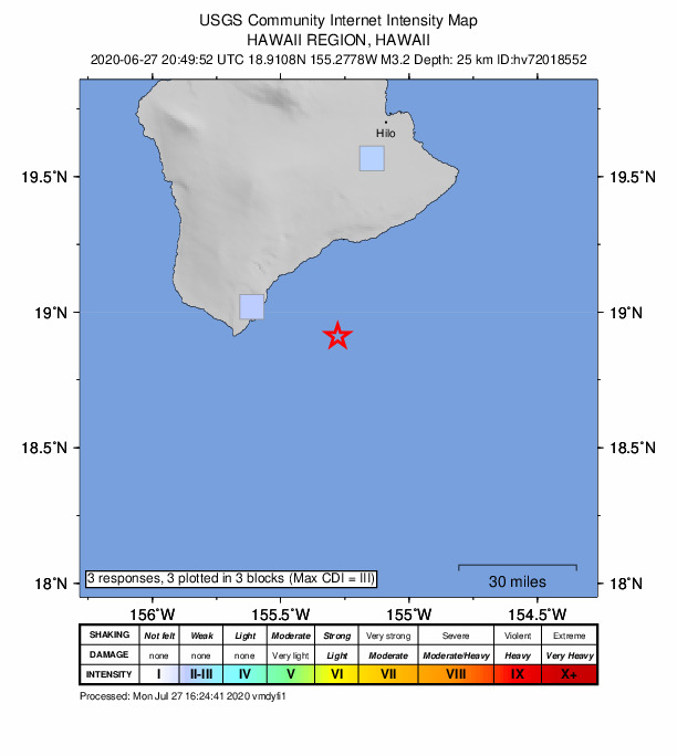 USGS DYFI community-reported intensity map for the M3.2 earthquake near Hawaii region, Hawaii