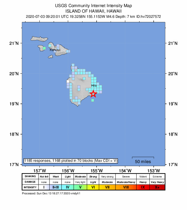 USGS DYFI community-reported intensity map for the M4.6 earthquake near 15 km S of Fern Forest, Hawaii