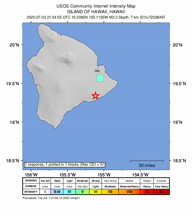USGS DYFI community-reported intensity map for the M2.2 earthquake near 14 km S of Fern Forest, Hawaii