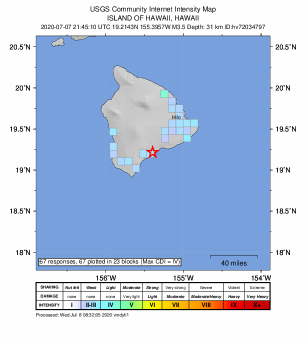 USGS DYFI community-reported intensity map for the M3.5 earthquake near 8 km E of P?hala, Hawaii