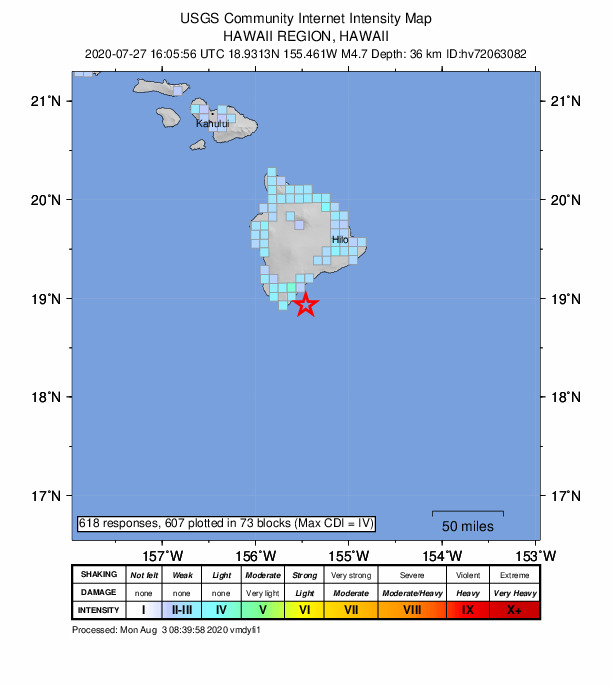 USGS DYFI community-reported intensity map for the M4.7 earthquake near 19 km SE of Naalehu, Hawaii