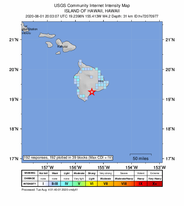 USGS DYFI community-reported intensity map for the M4.2 earthquake near 8 km ENE of P?hala, Hawaii