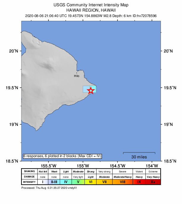 USGS DYFI community-reported intensity map for the M2.8 earthquake near 3 km ESE of Leilani Estates, Hawaii