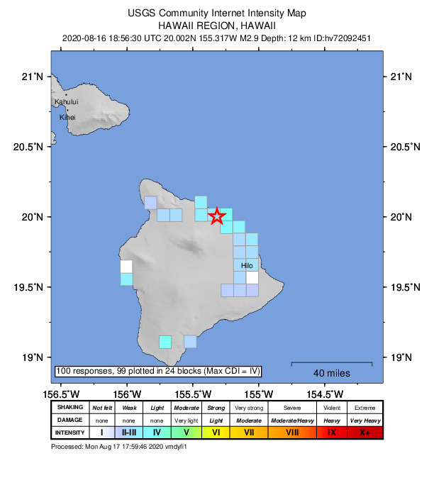 USGS DYFI community-reported intensity map for the M2.9 earthquake near 6 km SE of Pa‘auilo, Hawaii