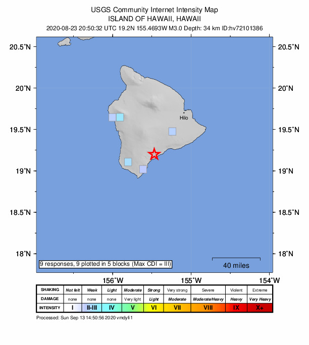 USGS DYFI community-reported intensity map for the M3.0 earthquake near 1 km ESE of P?hala, Hawaii
