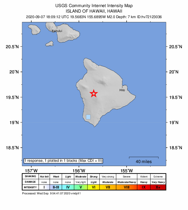 USGS DYFI community-reported intensity map for the M2.0 earthquake near 22 km NE of Honaunau-Napoopoo, Hawaii