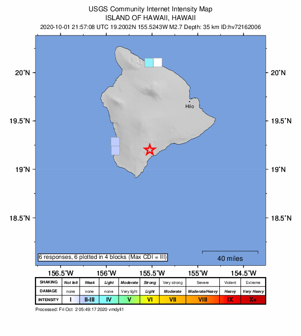USGS DYFI community-reported intensity map for the M2.7 earthquake near 4 km W of P?hala, Hawaii