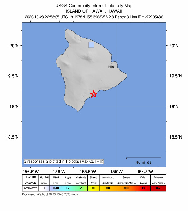 USGS DYFI community-reported intensity map for the M2.8 earthquake near 8 km E of P?hala, Hawaii