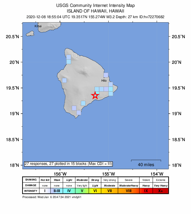USGS DYFI community-reported intensity map for the M3.3 earthquake near 10 km SSW of Volcano, Hawaii