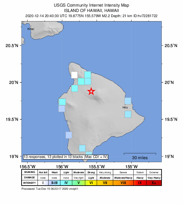 USGS DYFI community-reported intensity map for the M2.2 earthquake near 18 km SSE of Waimea, Hawaii