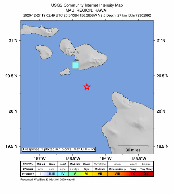 USGS DYFI community-reported intensity map for the M2.5 earthquake near 38 km SSE of M?kena, Hawaii