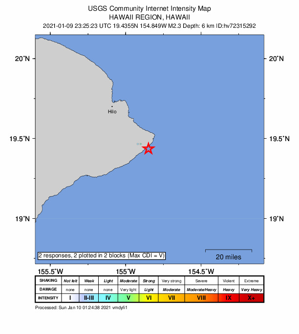 USGS DYFI community-reported intensity map for the M2.3 earthquake near 8 km ESE of Leilani Estates, Hawaii