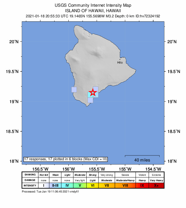 USGS DYFI community-reported intensity map for the M3.2 earthquake near 8 km N of Naalehu, Hawaii