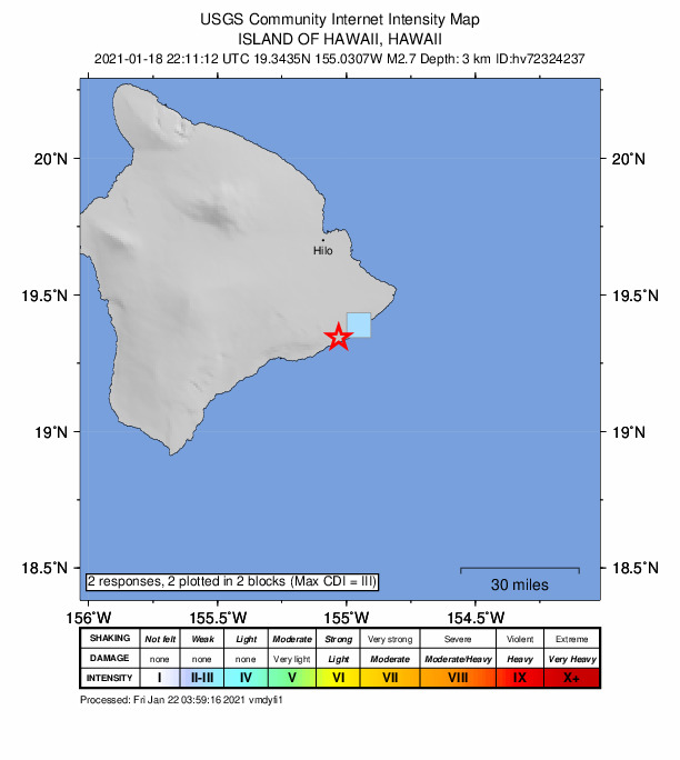 USGS DYFI community-reported intensity map for the M2.7 earthquake near 17 km SE of Fern Forest, Hawaii