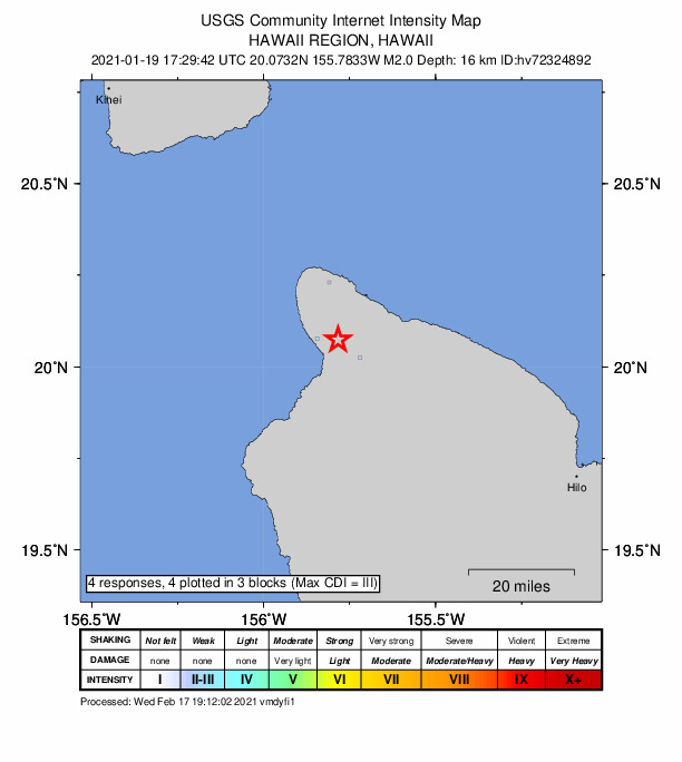 USGS DYFI community-reported intensity map for the M2.0 earthquake near 12 km NNE of Puako, Hawaii