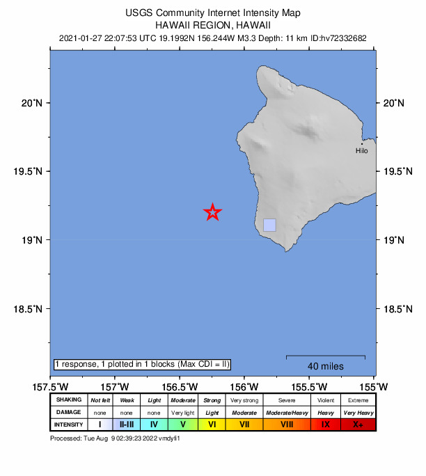 USGS DYFI community-reported intensity map for the M3.3 earthquake near 47 km SW of Captain Cook, Hawaii